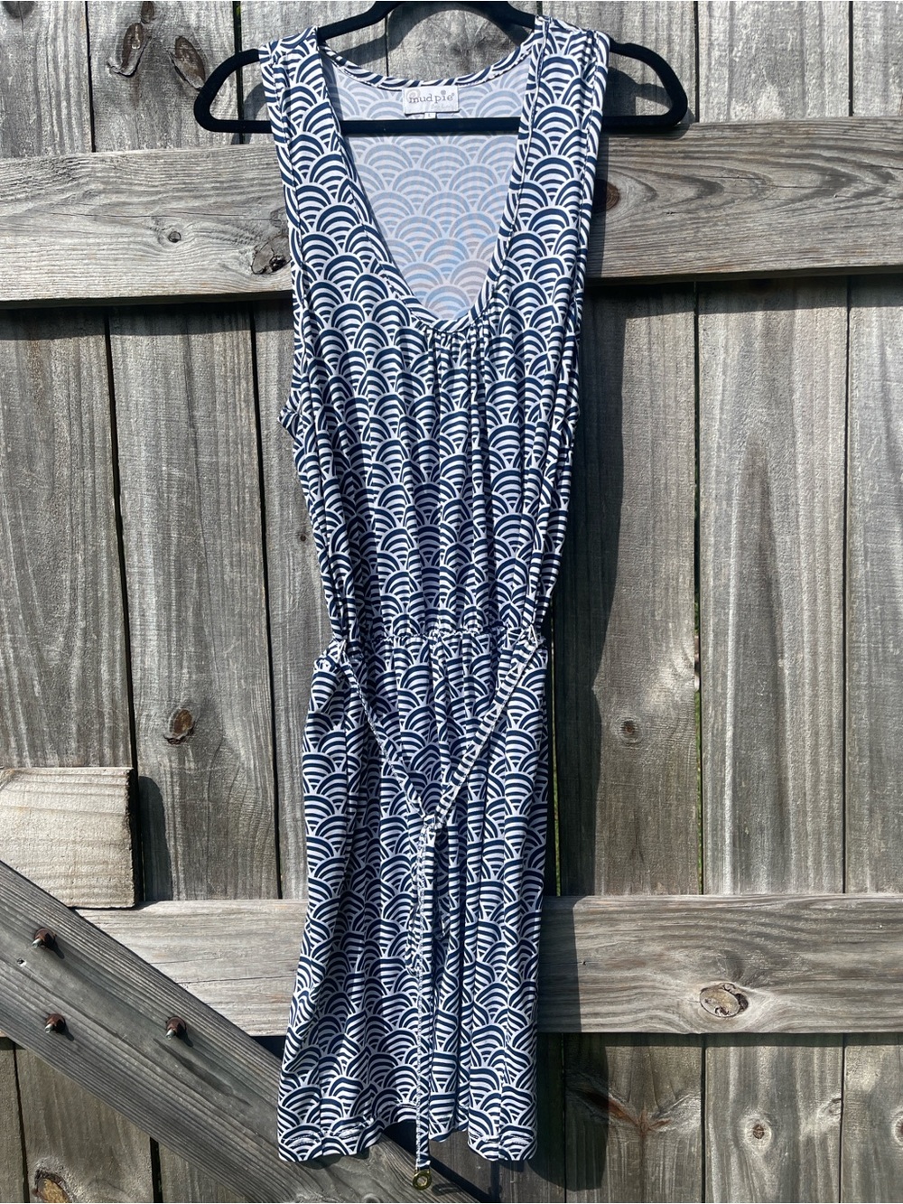 Mud Pie Navy and White Scallop Print Sleeveless Midi Dress